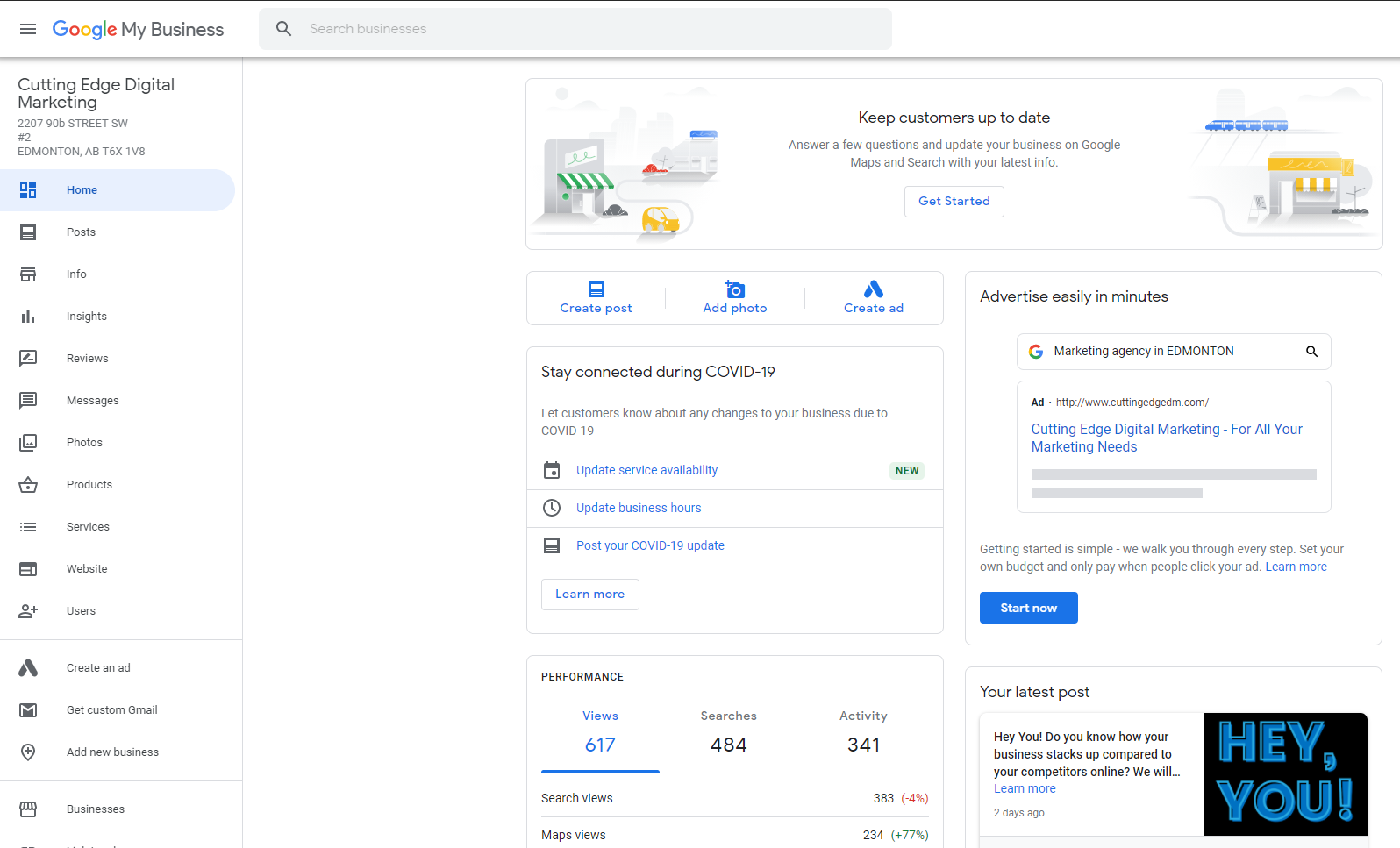 Google My Business Dashboard Local SEO Experts Edmonton Alberta