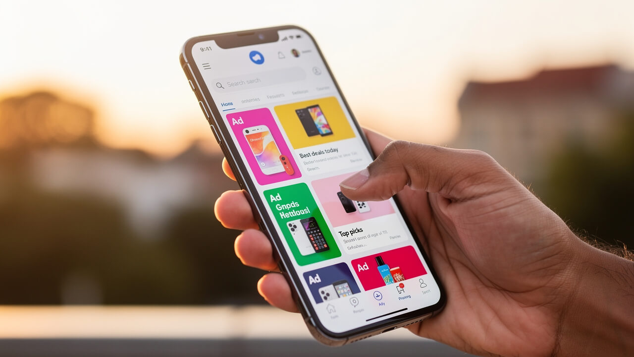 Mobile device showing search results with advertising headlines