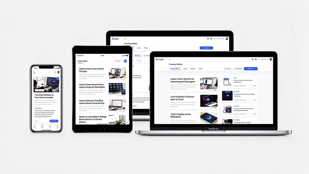 Various digital devices displaying content feeds and articles