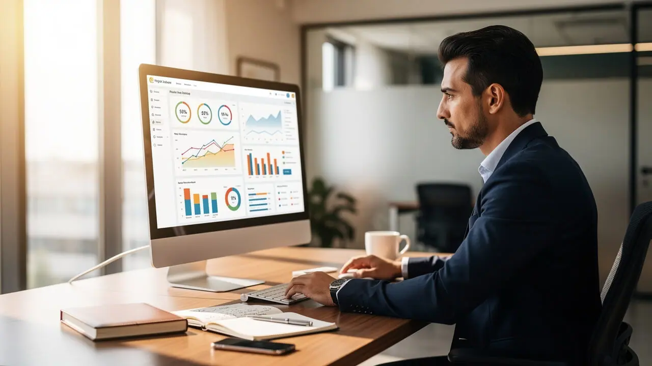 Business professional reviewing advertising performance data