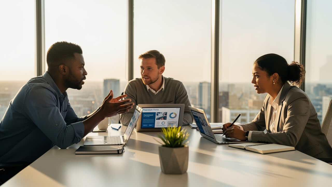 Marketing professionals discussing campaign strategies