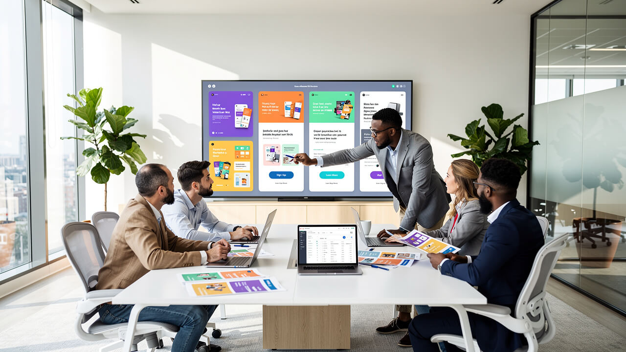 Marketing team reviewing ad copy and landing page designs