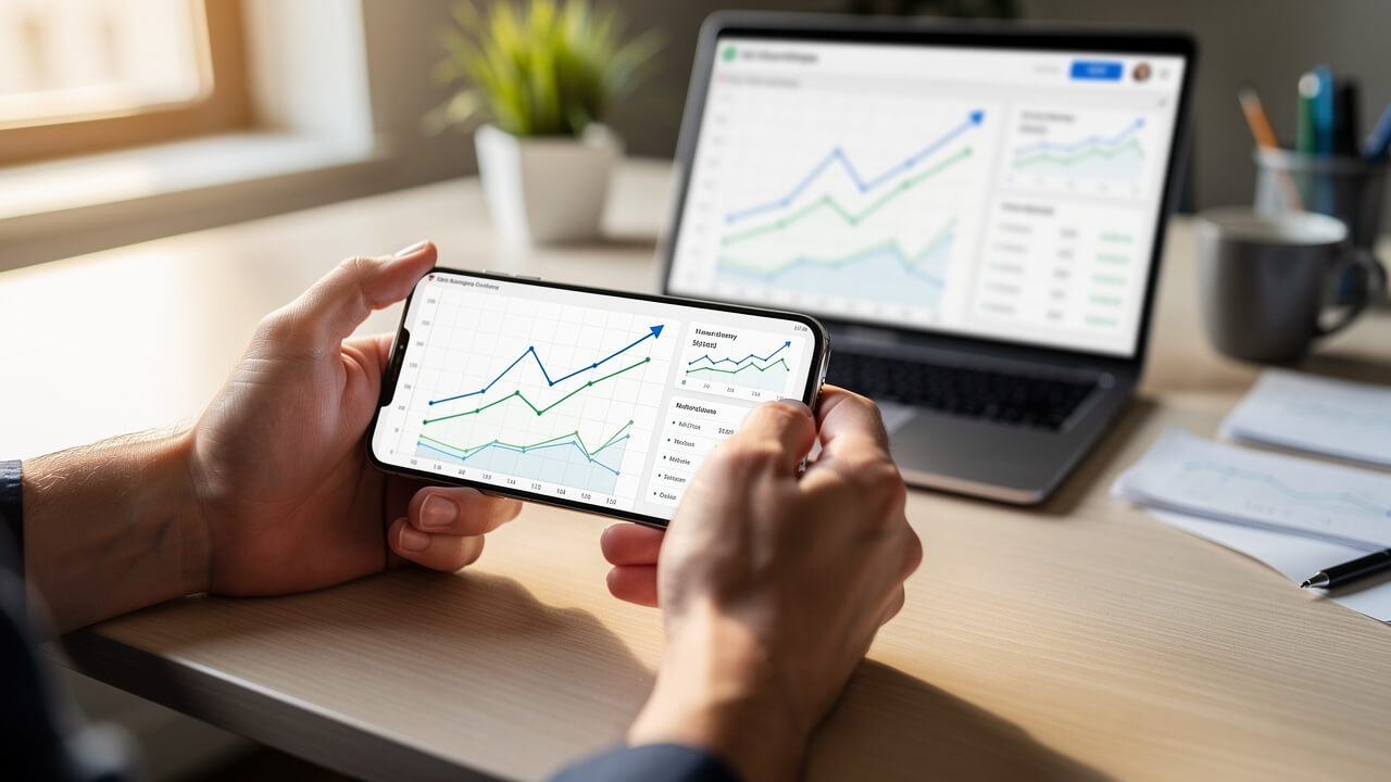 Professional reviewing campaign performance metrics on smartphone and laptop