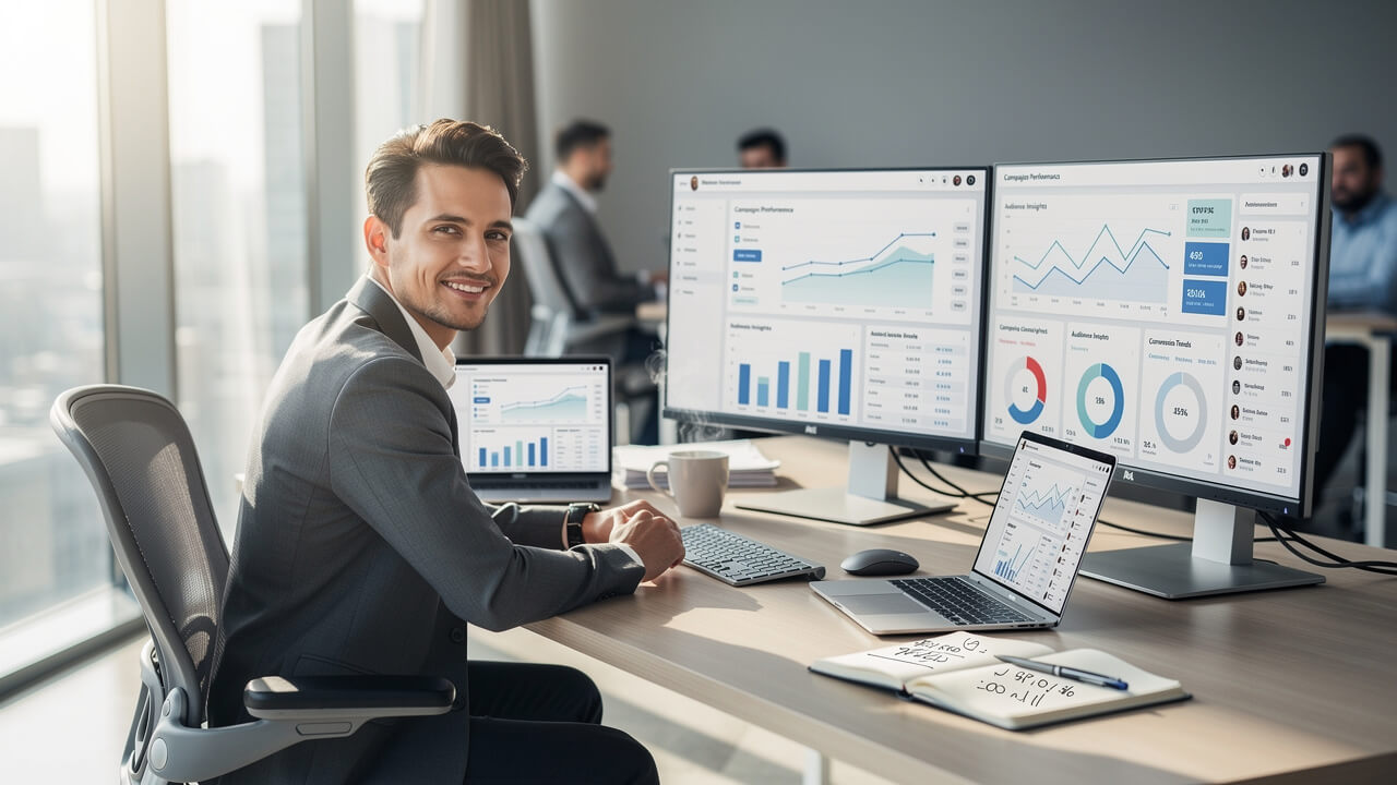 Professional managing display advertising campaigns at desk