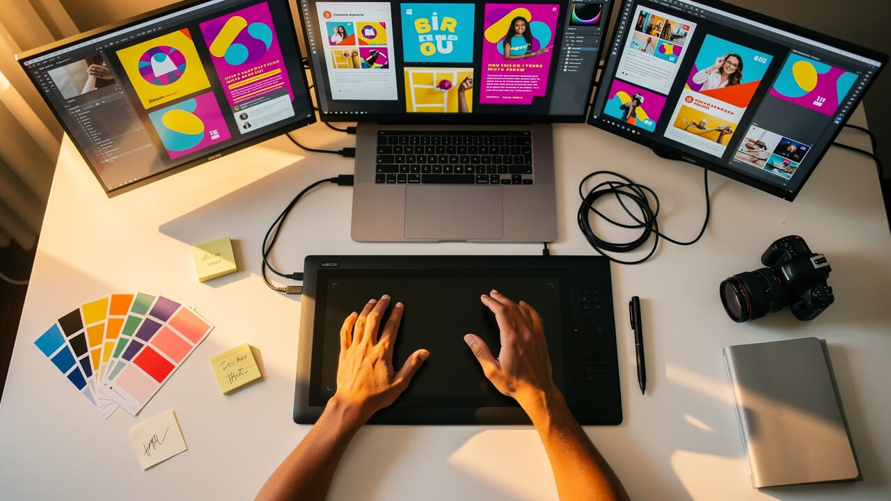 Designer producing ad creative assets at professional workstation