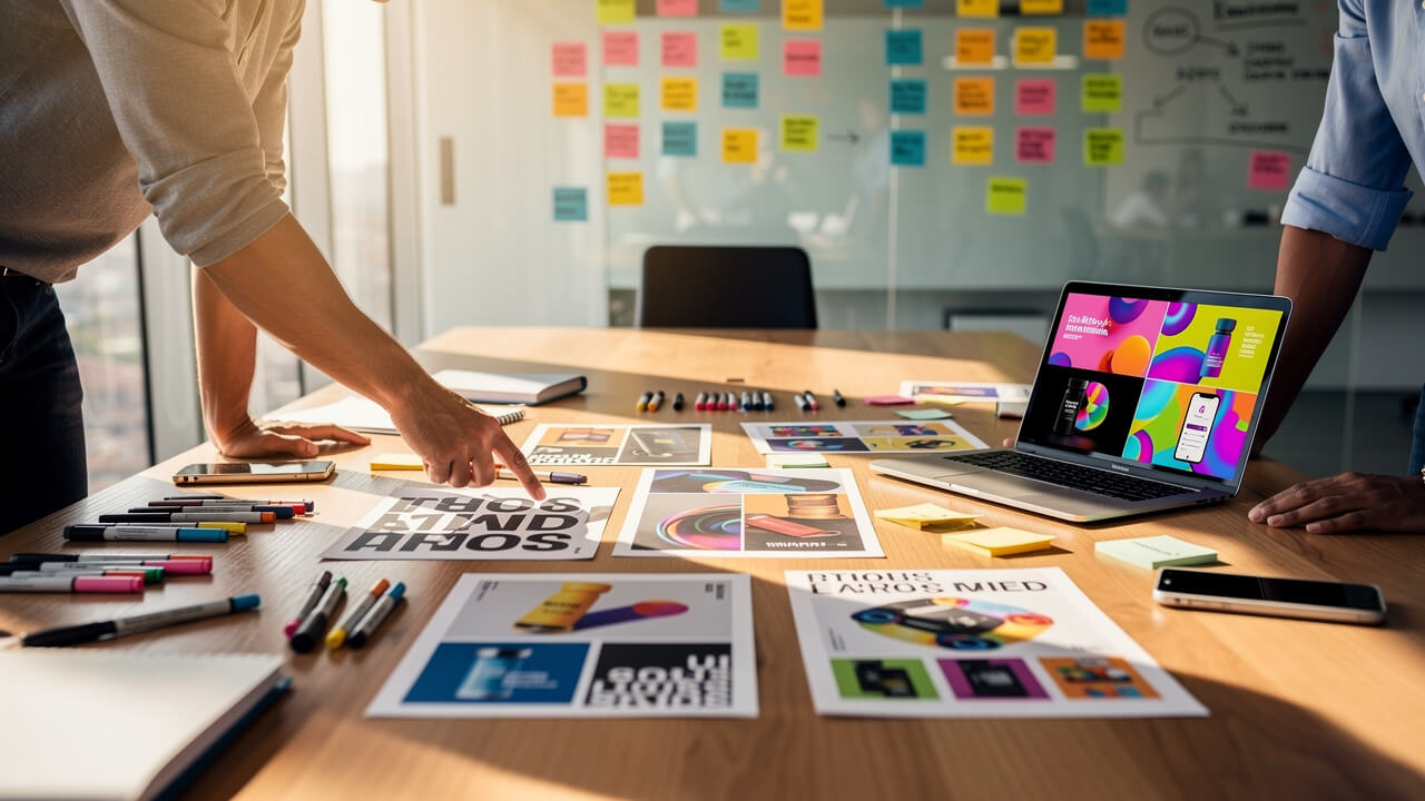 Creative agency team collaborating on ad campaign strategy