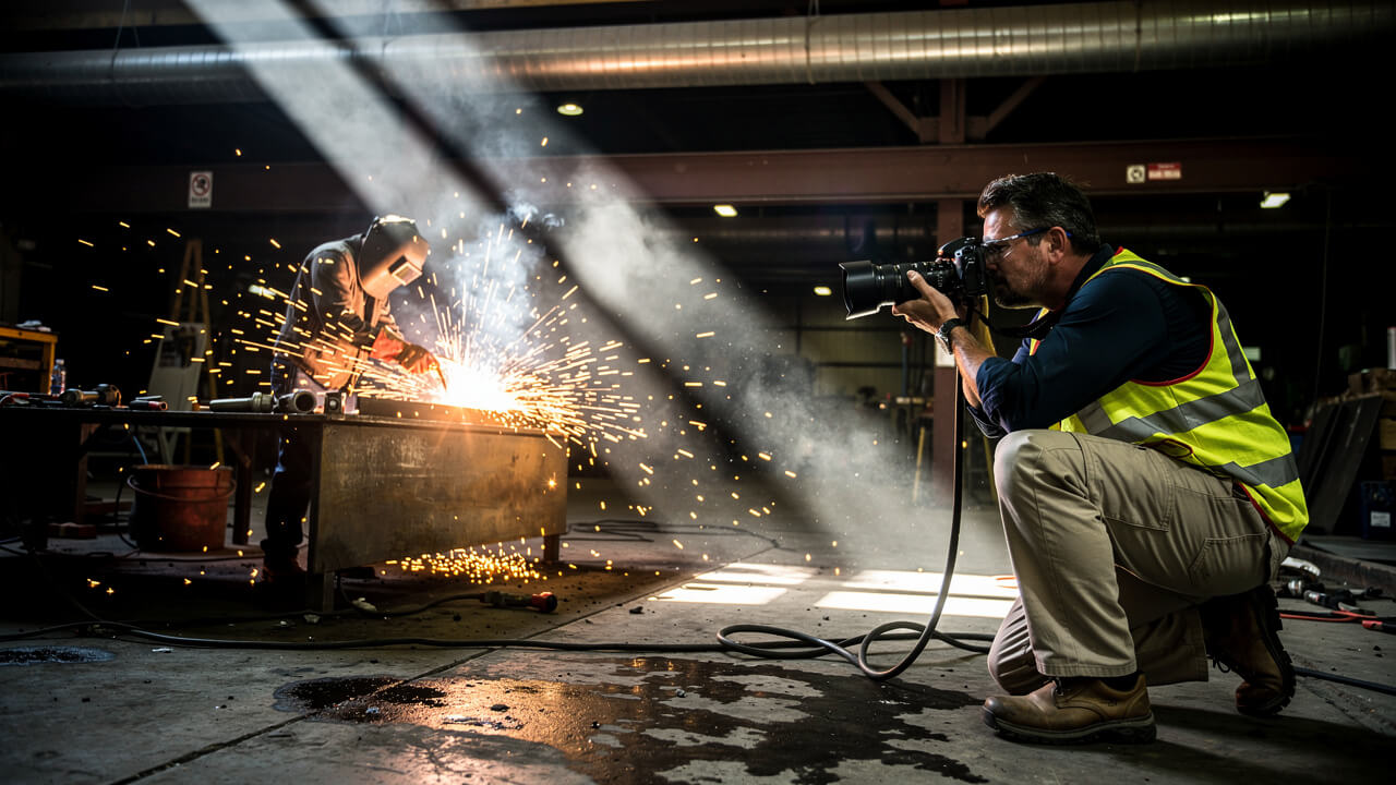 Photographer capturing authentic trades ad creative on job site