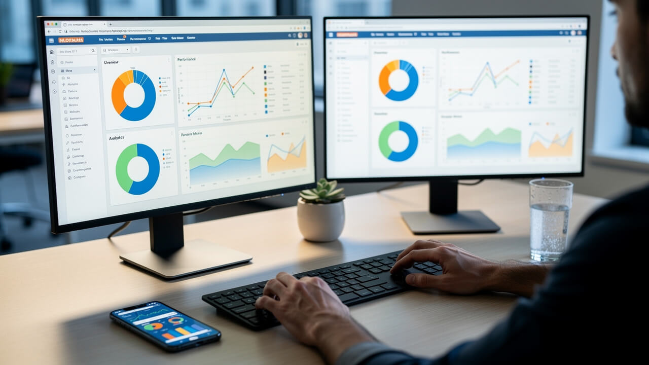 Marketing professional reviewing ad performance analytics dashboard