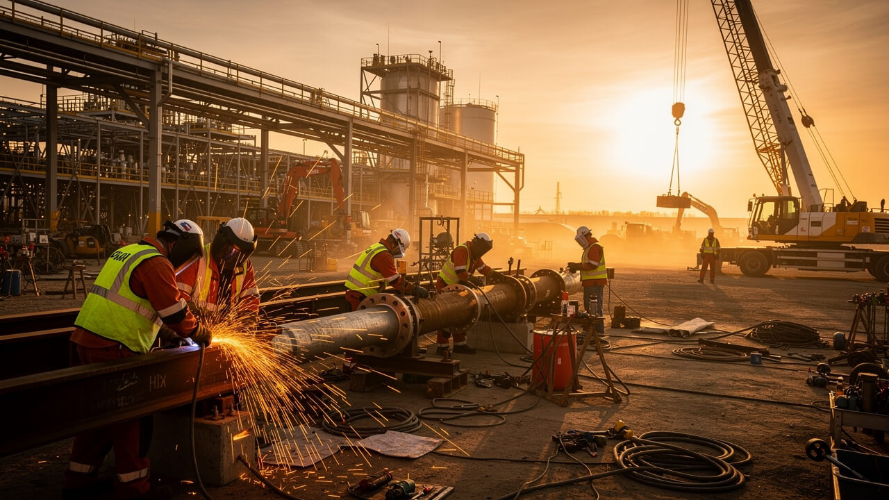 Busy Alberta industrial worksite with full trades crew at golden hour