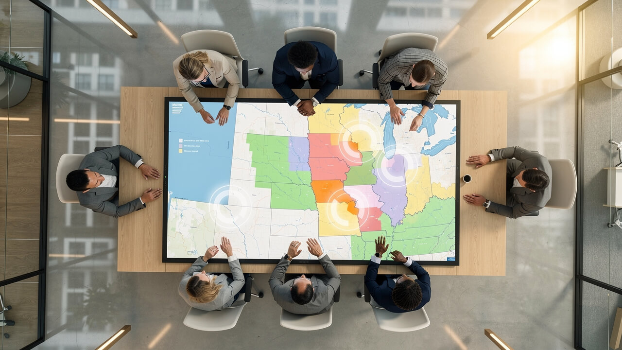Canadian business team reviewing local audience targeting map