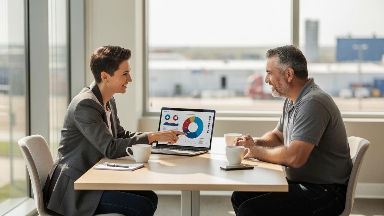 Marketing consultant and trades business owner discussing Meta ads strategy