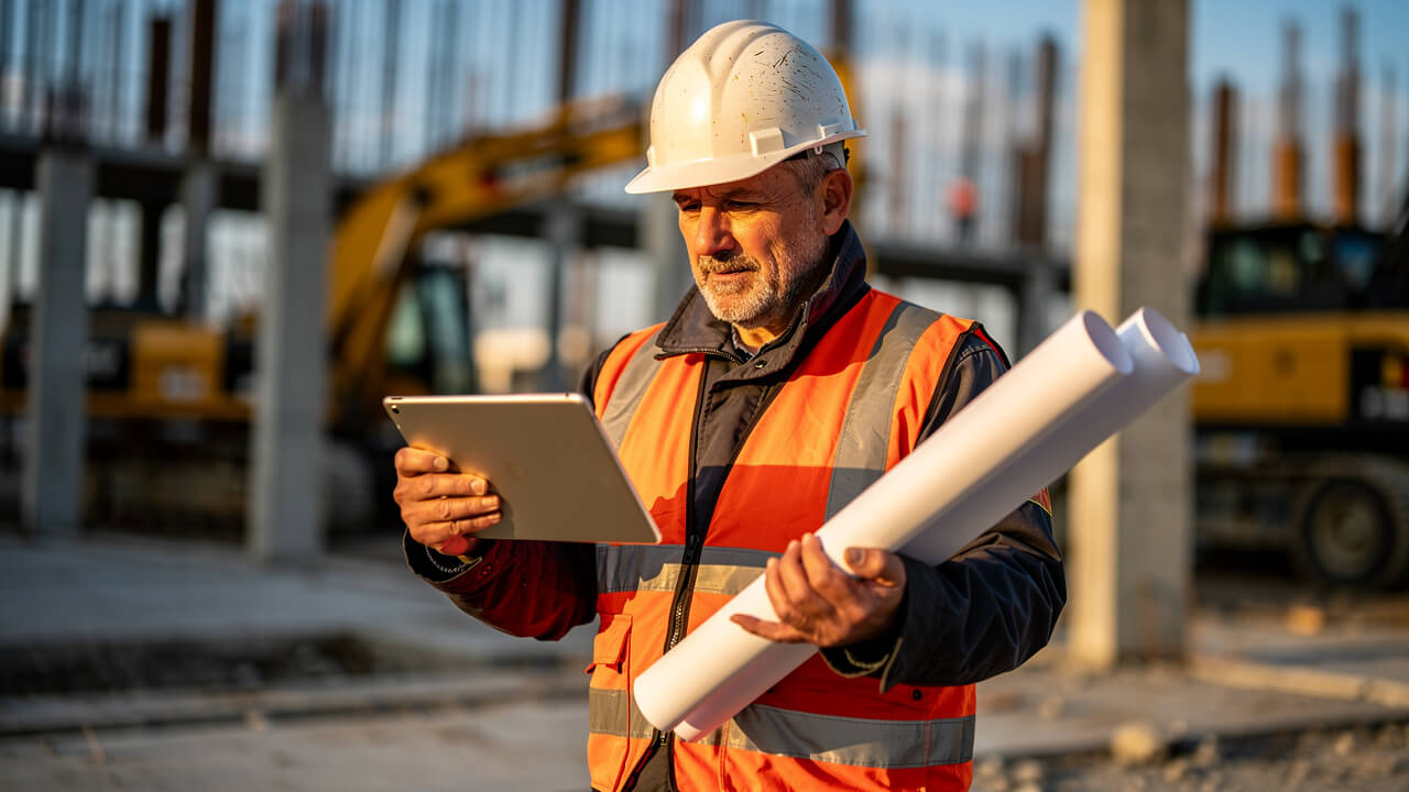 Construction project manager reviewing digital leads on tablet outdoors