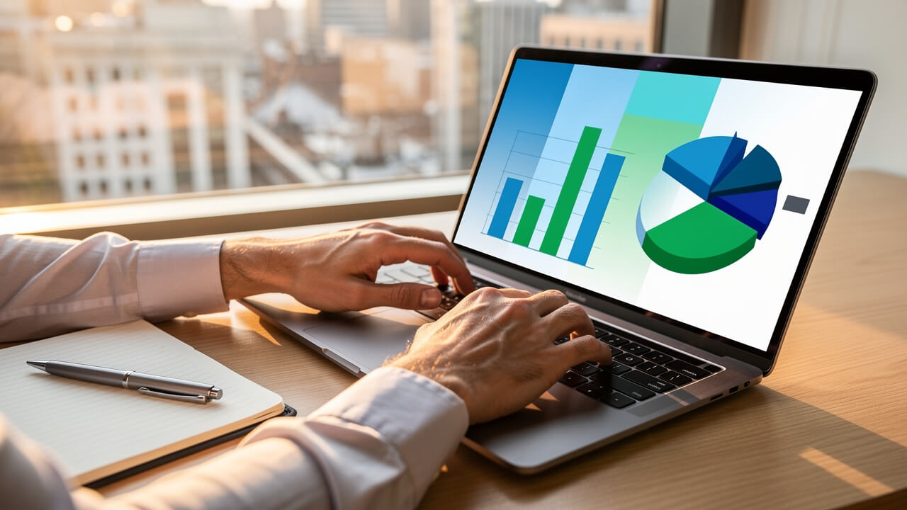 Professional analyzing core ad performance metrics on laptop