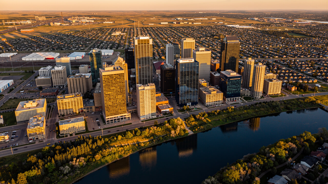 Aerial view of Edmonton skyline at golden hour