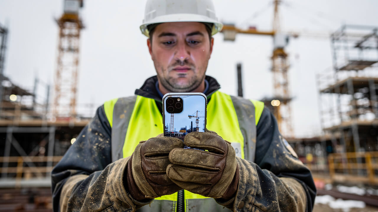 Trades worker searching on smartphone at construction site