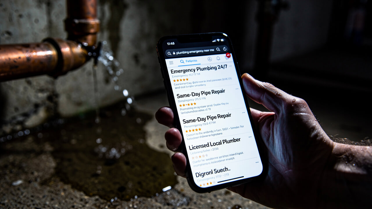 Person searching for emergency plumber on smartphone