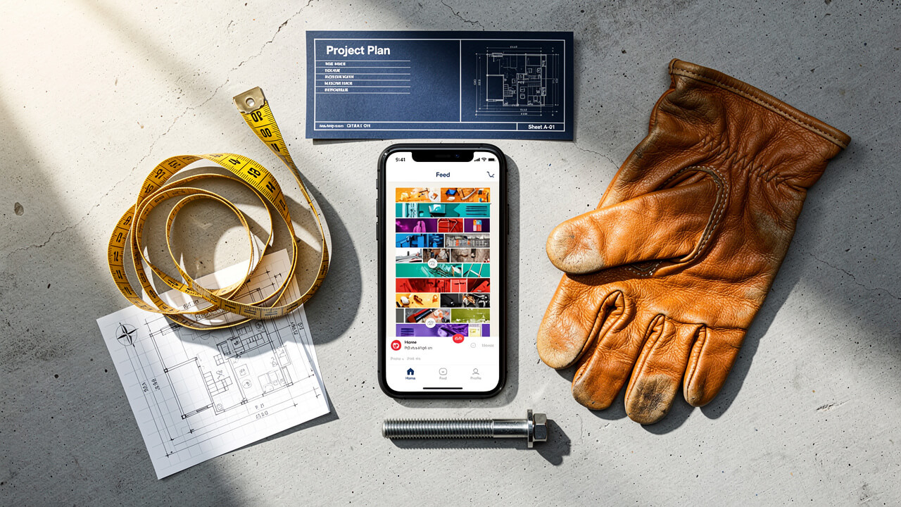 Smartphone with social media ads beside trades and industrial tools