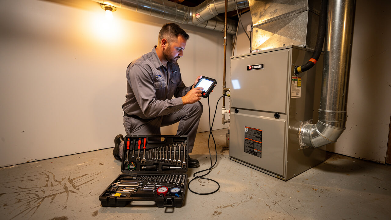 HVAC technician repairing residential furnace in Alberta home
