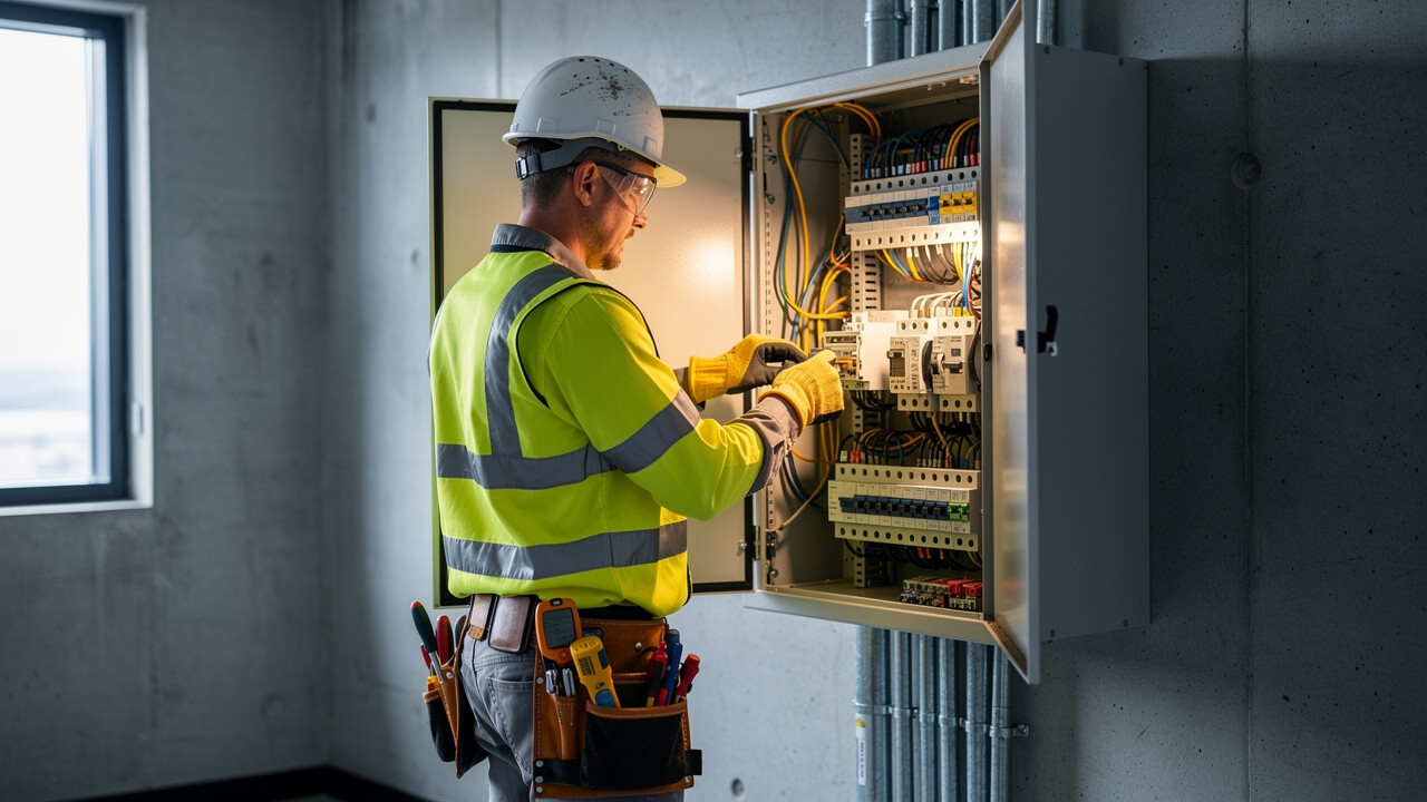 Licensed electrician working on commercial electrical panel in Alberta