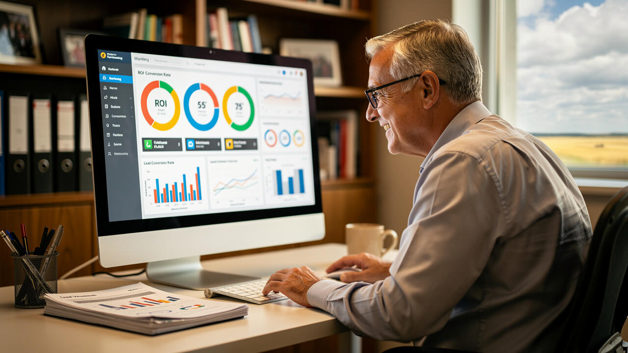 Business owner reviewing digital advertising ROI and lead generation metrics