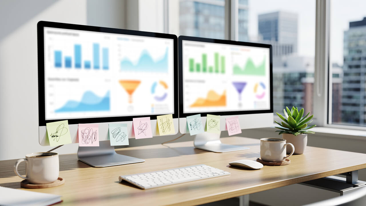 Marketing professional monitoring Meta ads campaign performance on dual screens