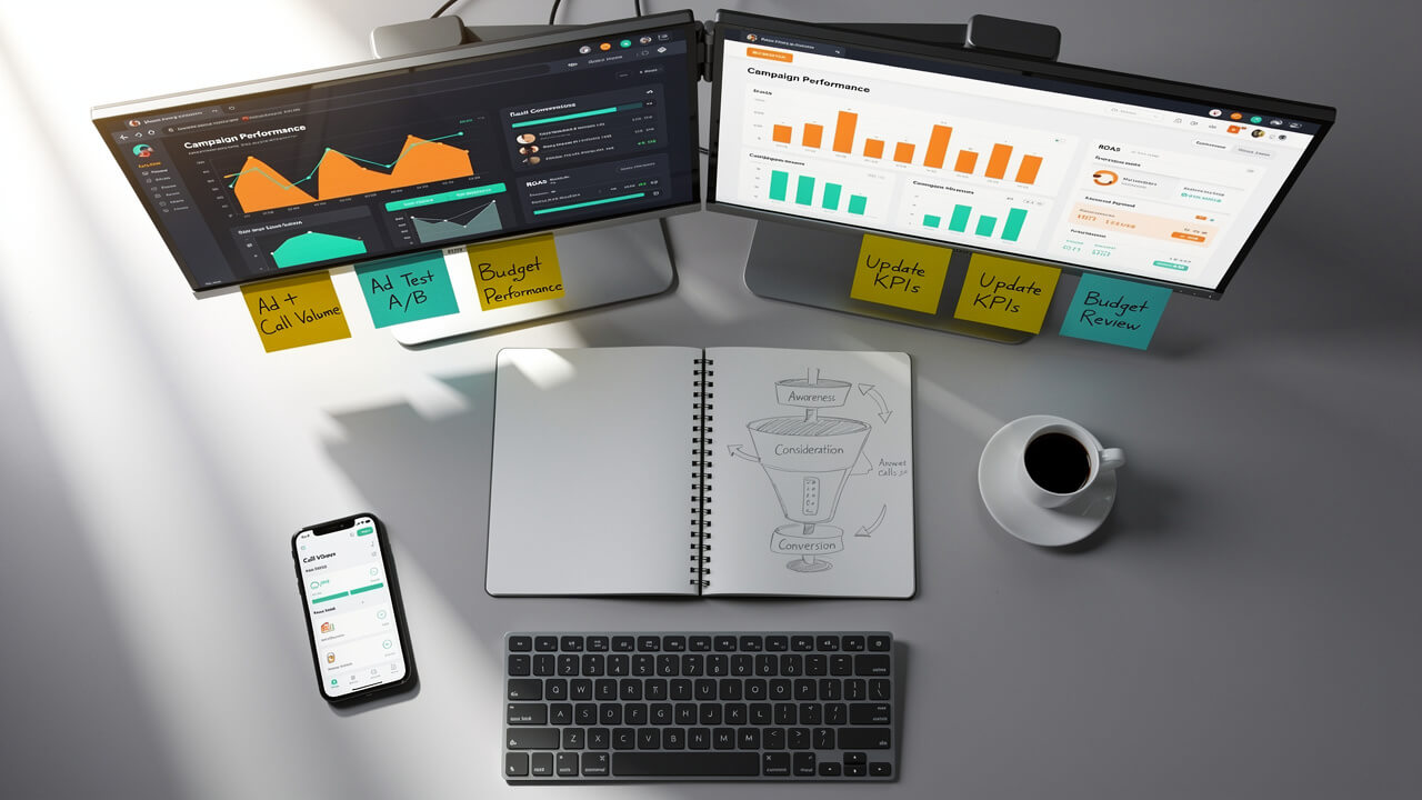Paid advertising campaign management workspace with analytics dashboards