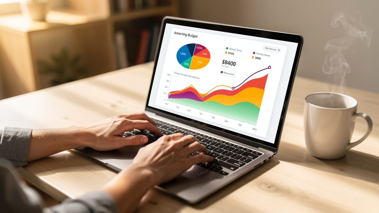 Small business owner planning Meta Ads budget on laptop
