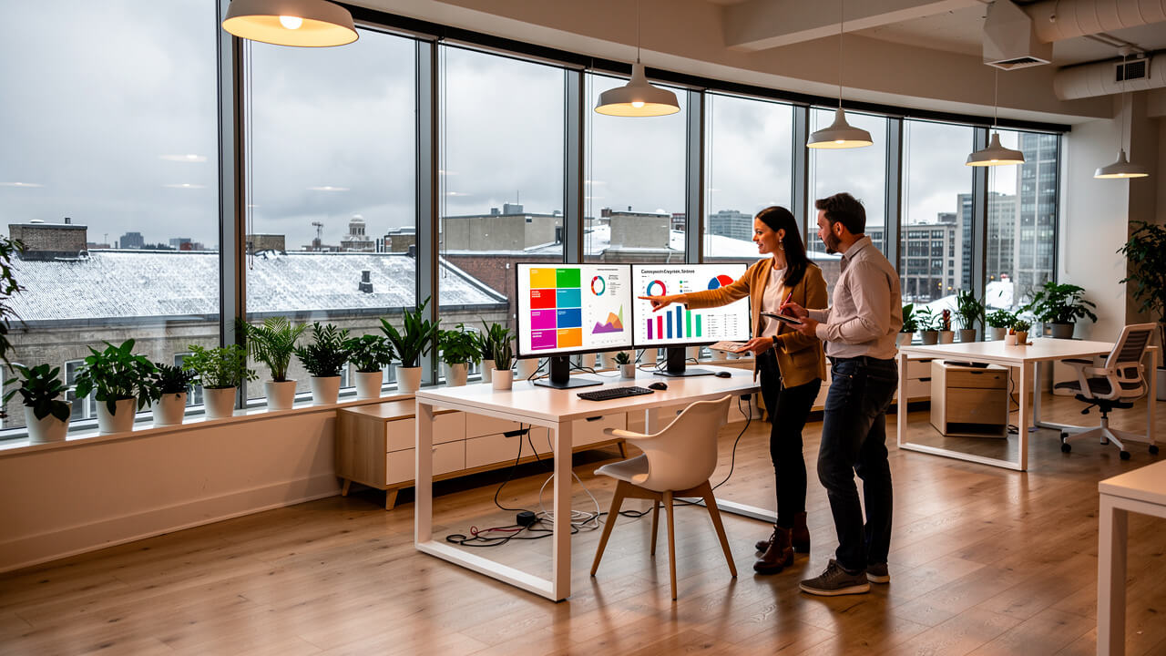 Marketing team reviewing visibility and quality score metrics