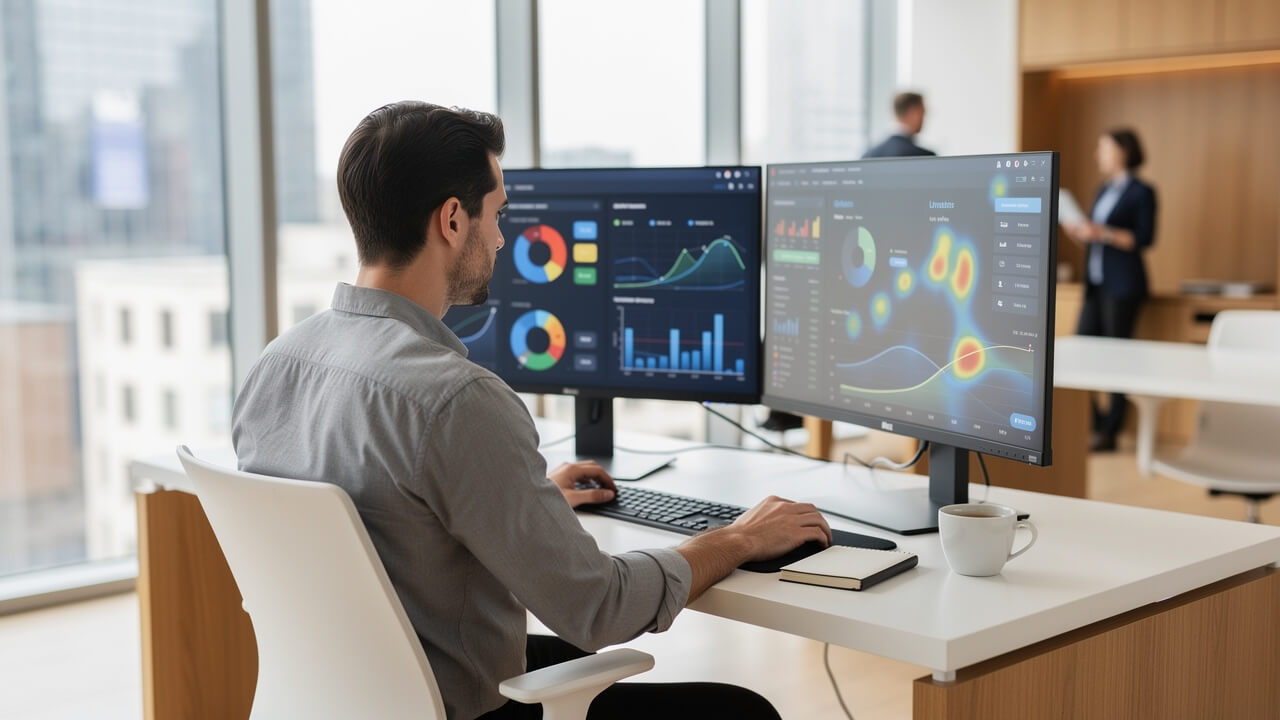 Digital marketing analyst reviewing landing page A/B testing data