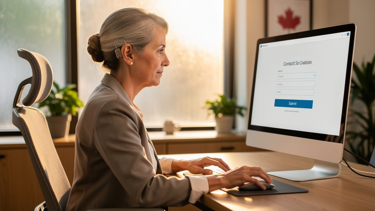 Canadian professional with hearing aid using accessible website form