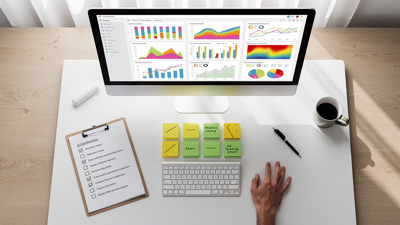 Marketer organizing digital ad testing priorities at a desk