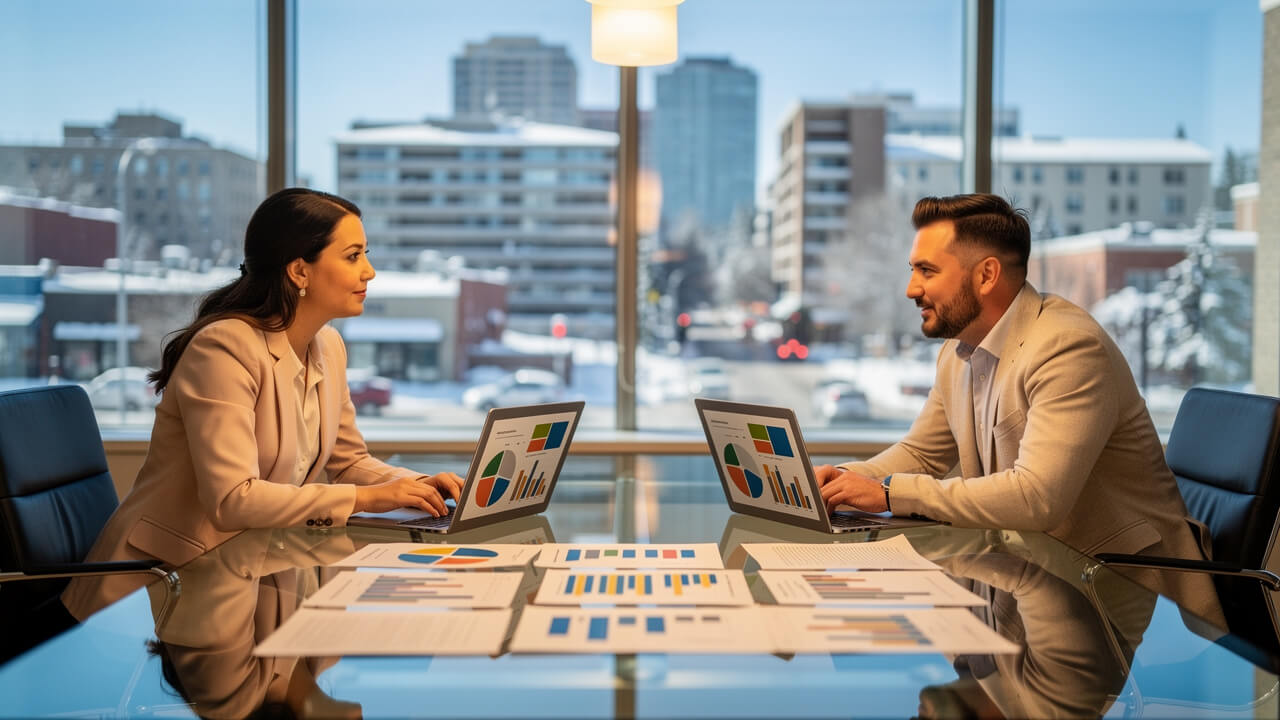 Alberta business professionals reviewing LinkedIn ad strategy together