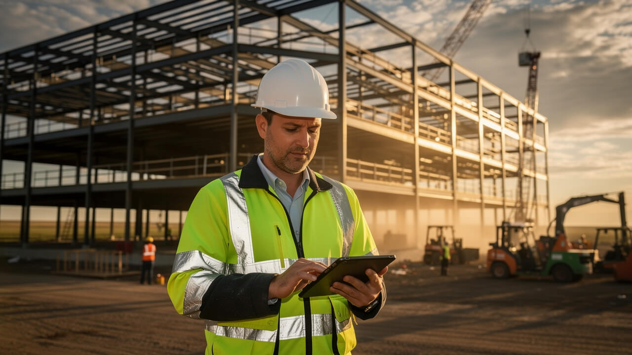 Alberta construction project manager reviewing plans on job site