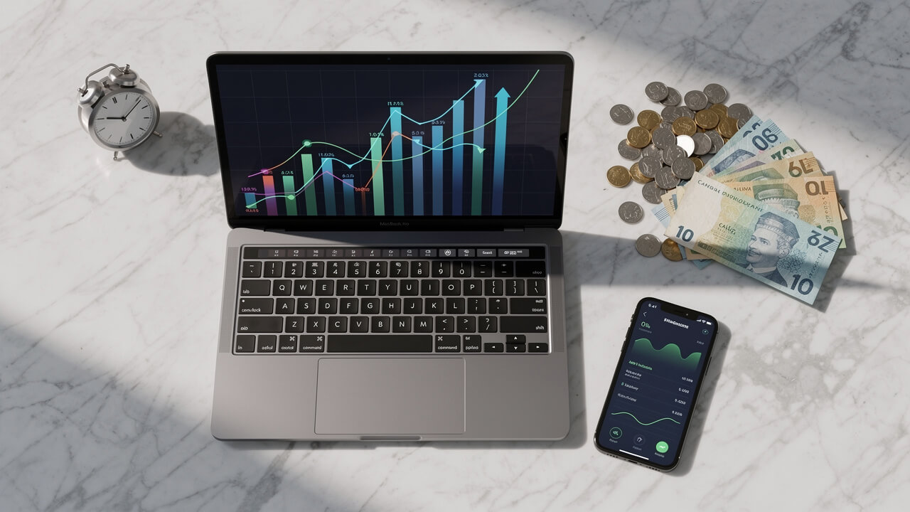 Smart bidding strategy concept with Canadian currency and digital device