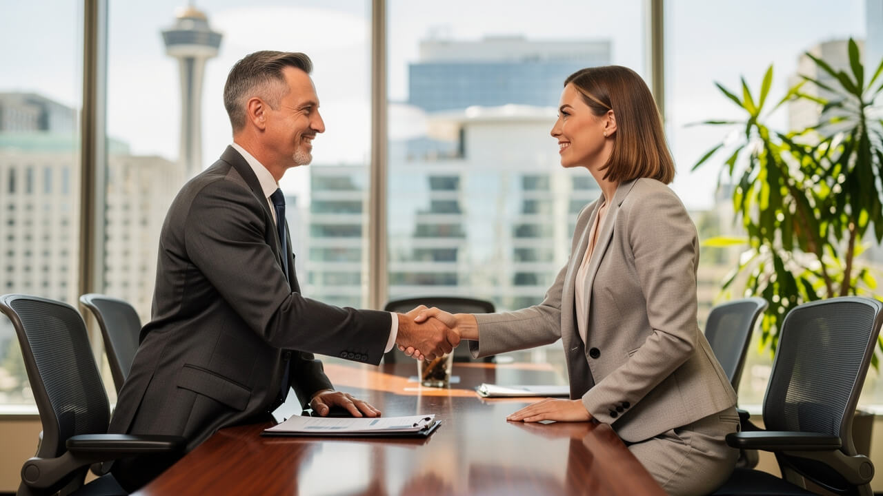 Two Canadian B2B professionals closing a deal after LinkedIn lead generation