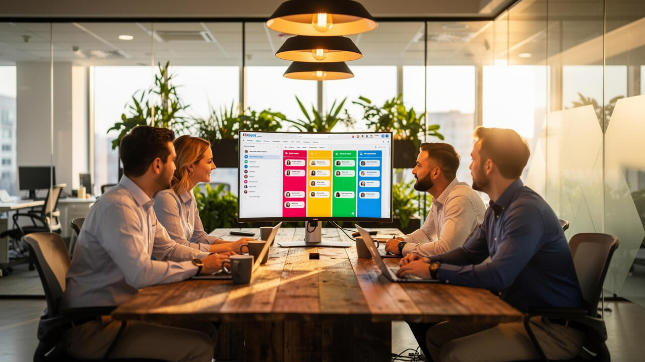 Business team reviewing CRM lead pipeline connected to their website