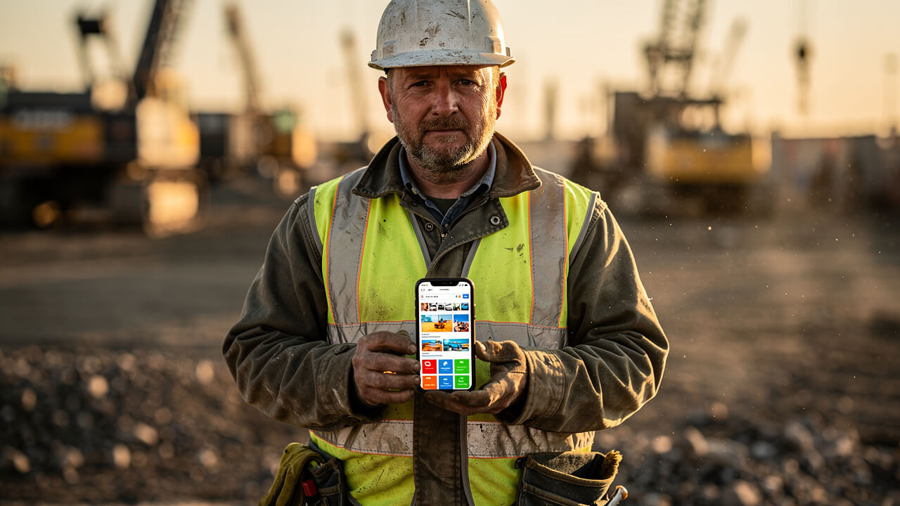 Trades worker checking fast-loading website on mobile phone