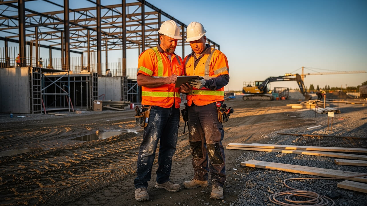 Construction workers on an Alberta job site viewing digital content
