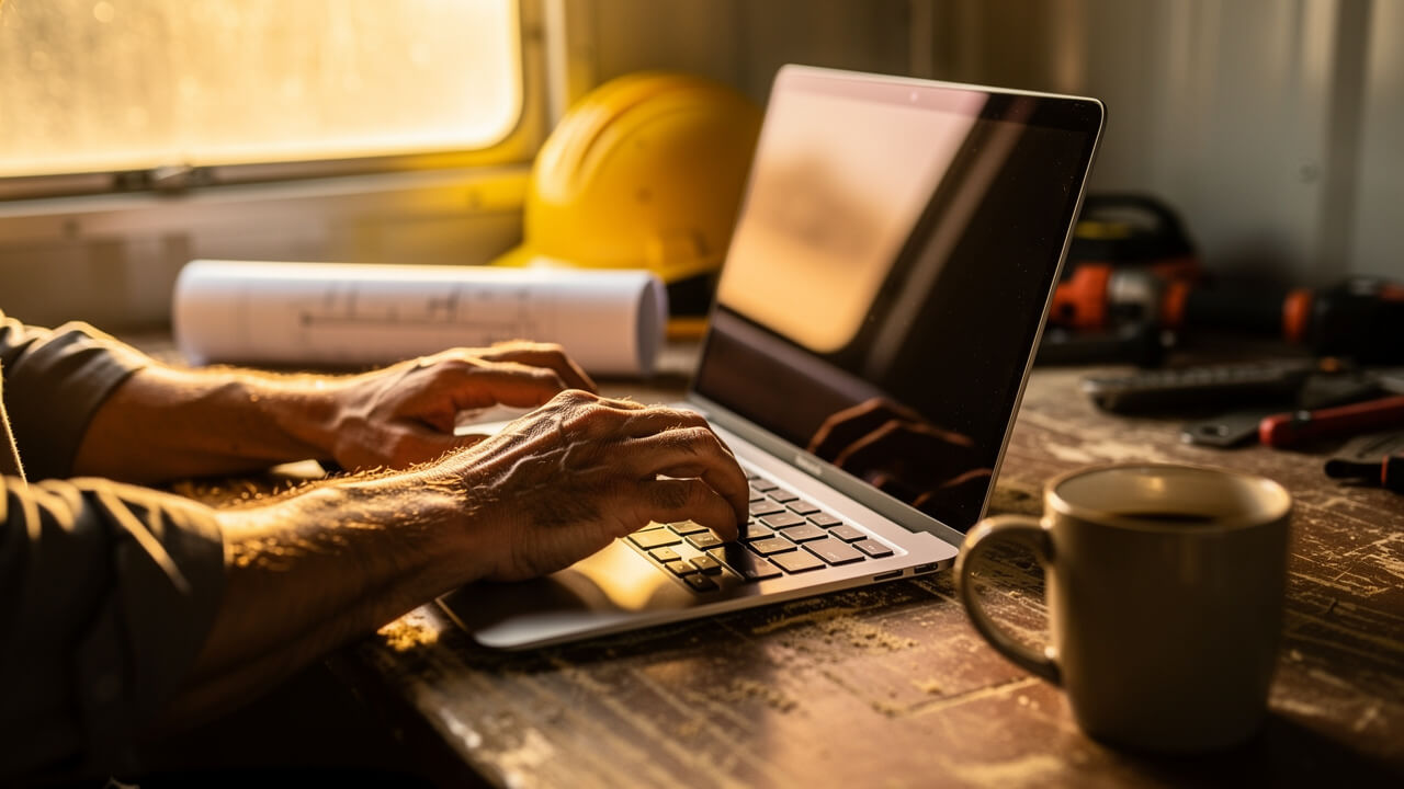 Alberta contractor managing business website on laptop