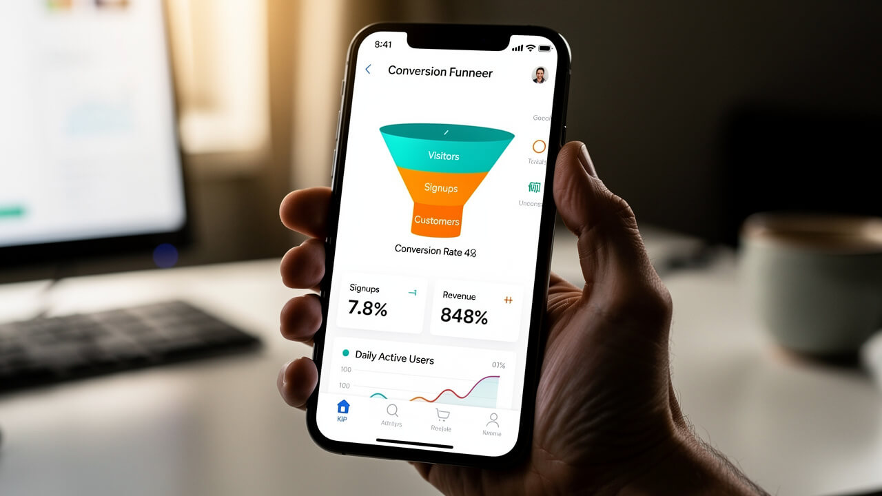 Reviewing conversion tracking data on a mobile analytics dashboard