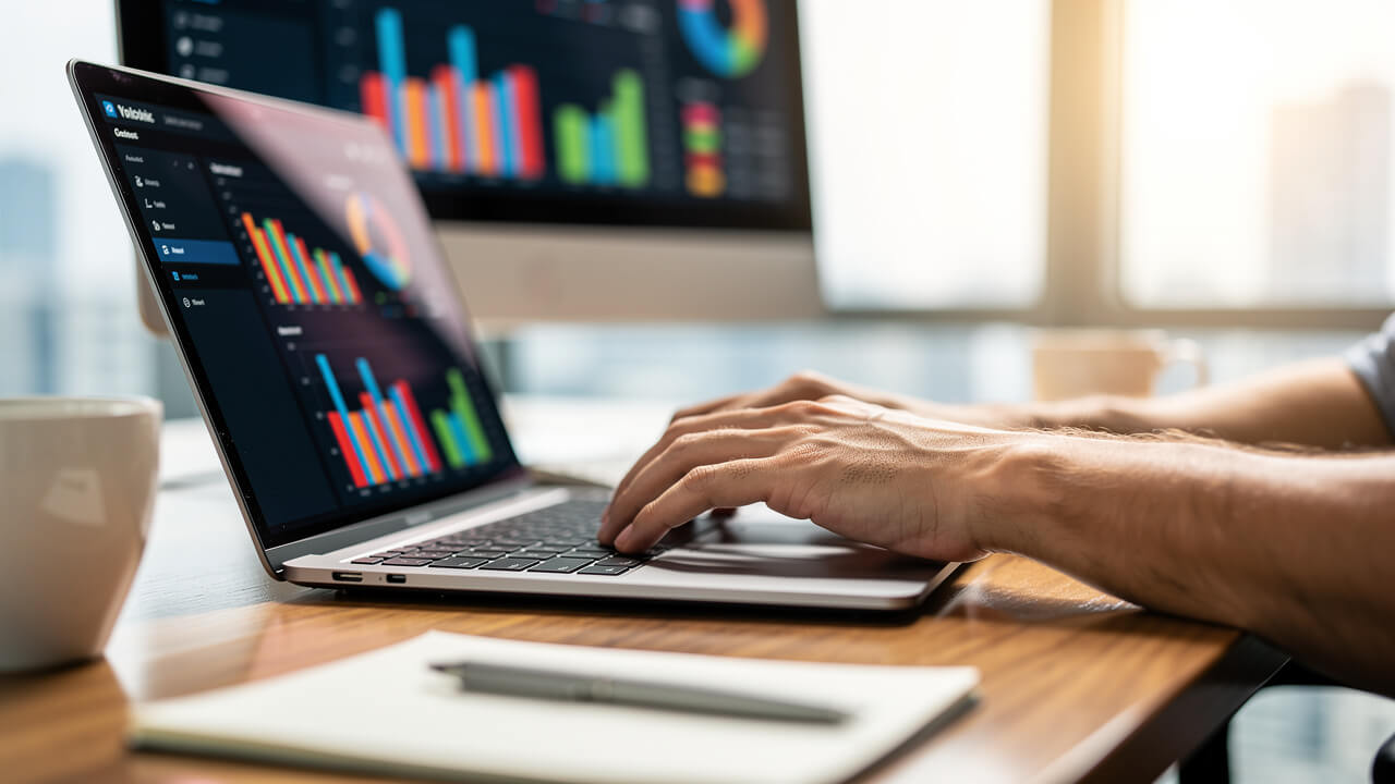 Business professional reviewing digital advertising analytics on laptop
