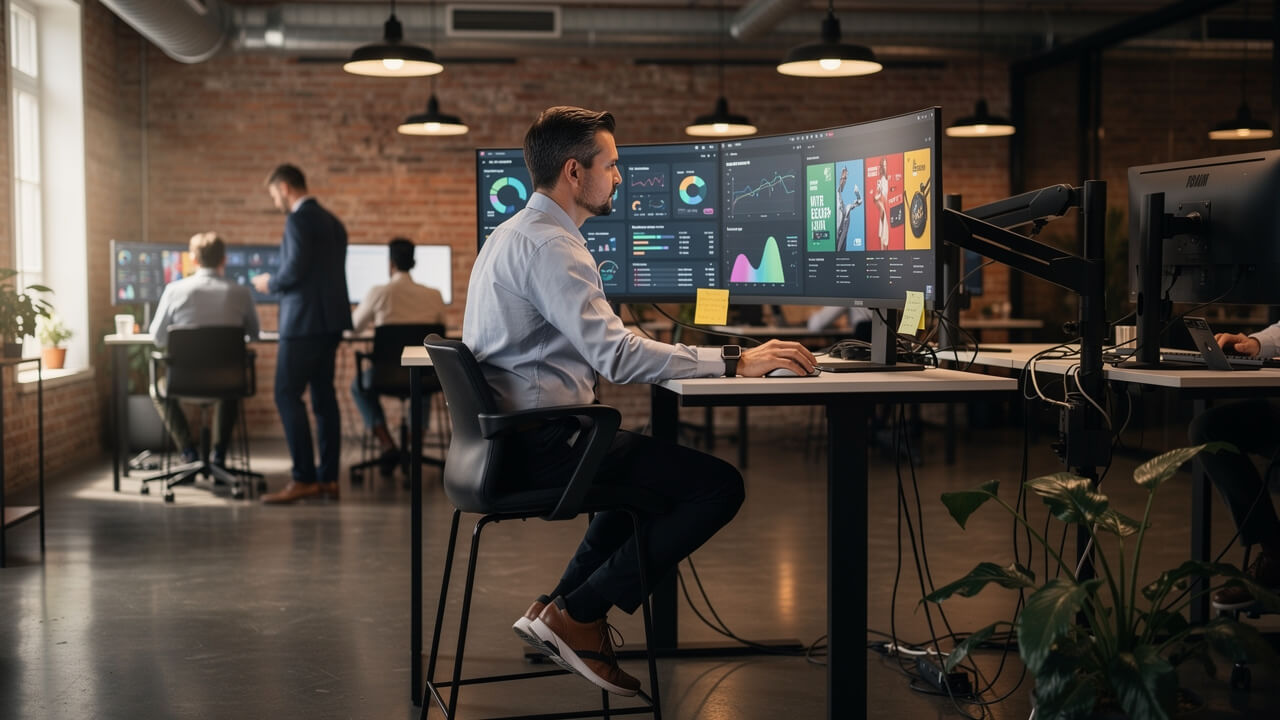 Marketing professional managing A/B test campaign on dual monitors