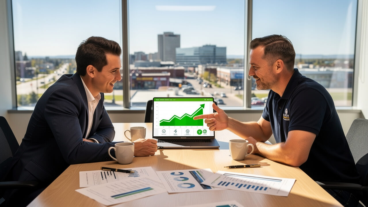 Digital marketing consultant reviewing WordPress website ROI with business owner