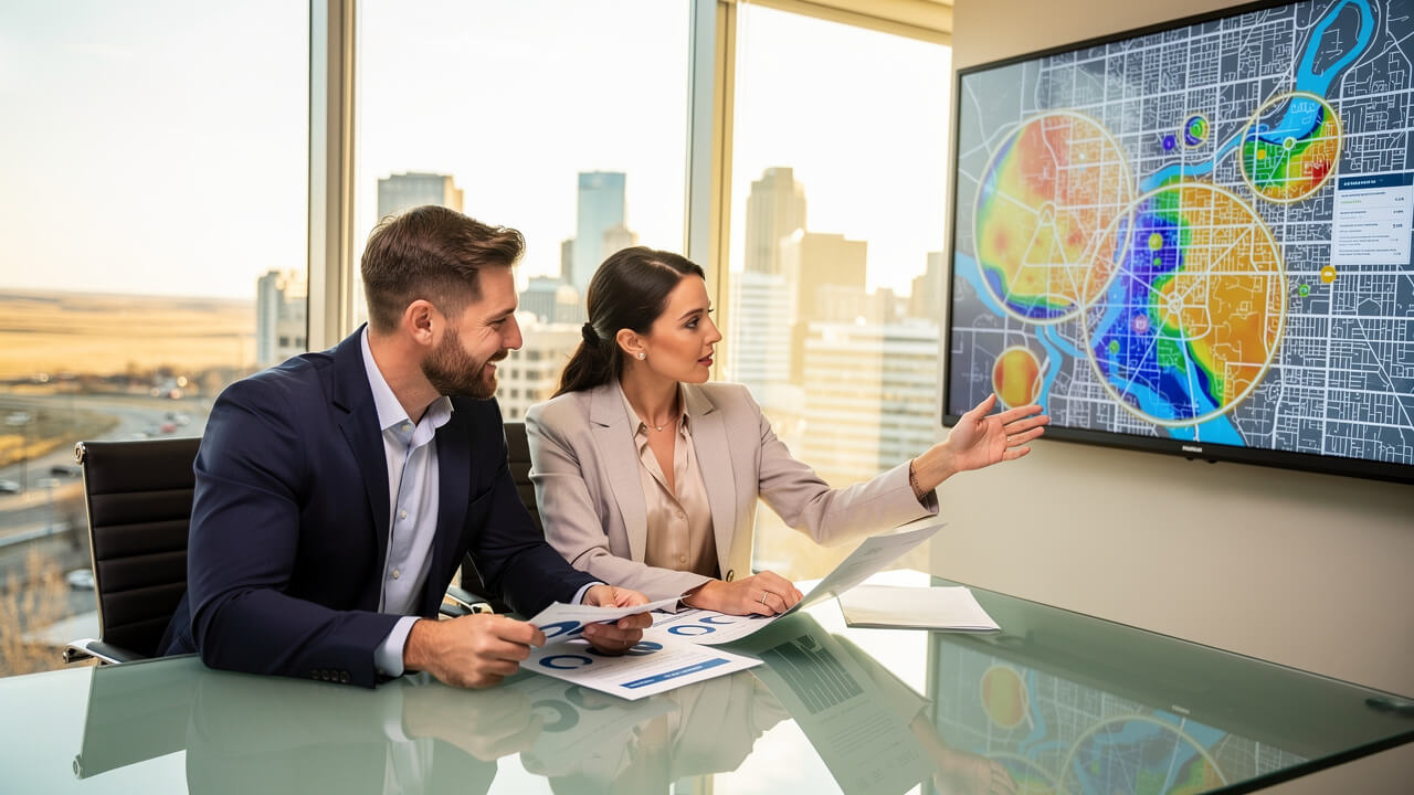 Marketing team planning geo-fencing strategy for Alberta business growth