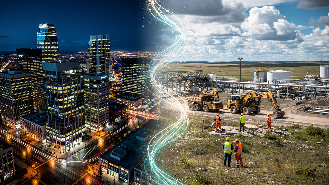 Edmonton skyline and Fort McMurray industrial site connected by data flow