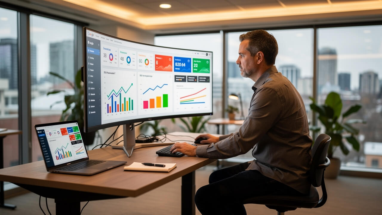 Digital marketing professional monitoring SEO and Google Ads performance in Edmonton