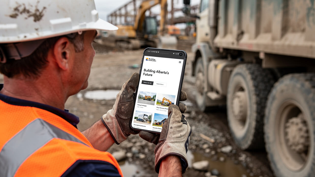 Trades worker browsing company website on mobile at job site
