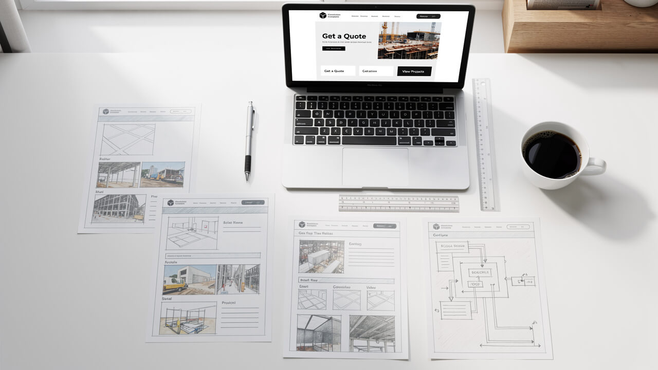 Web design wireframes and planning materials on a clean desk