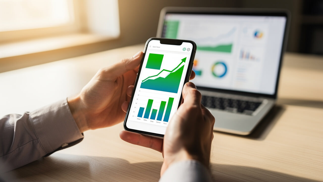 Business professional reviewing geo-fencing campaign performance metrics