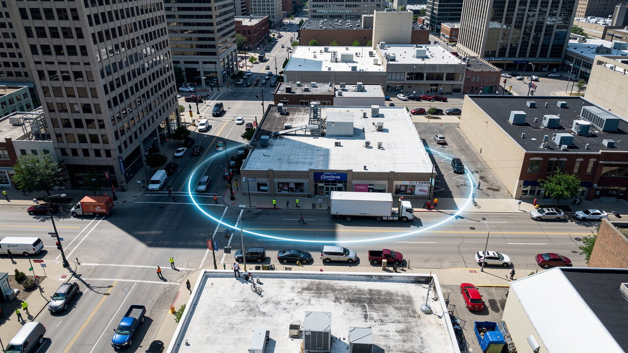 Virtual geo-fence boundary around a commercial urban district
